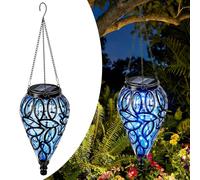 Solar Chandelier Outdoor Garden - Waterproof Teardrop Hanging Solar Lantern with 20 LED Lights, Blue Decorative Metal Solar Powered Lights for Patio, Balcony, Yard, Pathway and Gazebo Decoration