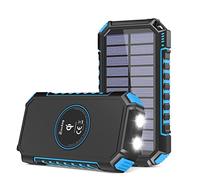 Solar Charger 26800mAh, Hiluckey Wireless Portable Charger Qi Power Bank with 4 Outputs & LED Flashlight, USB C Quick Charge Waterproof Phone Charger for Smartphones, Tablets and Outdoors (Blue)