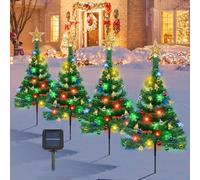 Solar Christmas Tree Garden Lights Outdoor - 4 Pack Decoration With Snowflakes, Balls, Bells - Waterproof Lights With Star Tree Topper for Xmas Yard