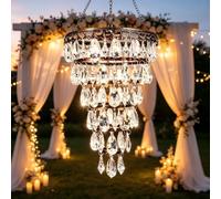 Solar Crystal Chandelier Outdoor Garden Elegant Hanging Tiered Droplets | Patio Ambiance Warm White LED Vintage Brass Finish Decorative Lantern for Gazebo, Pergola & Balcony Decor