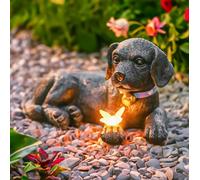 Garden Mile Solar Dog with Butterfly Ornament Outdoor Waterproof Resin Dog Statue Figurine Solar Powered Garden Decoration Animal Sculpture for Patio