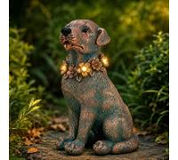 Solar Dog Wearing a Wreath Statue - Copper Finish Rustic Garden Ornament | Thoughtful Gift for Dog Lovers Solar Powered Outdoor Decor for Patio, Yard, Housewarming & Birthday Gifts