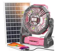 Solar Fan with LED Lantern, 10W Solar Panel Rechargeable Battery Powered Camping Fan for Outside, Portable Battery Operated Hurricane Supplies for Picnic, Barbecue, Fishing, Travel, 16-64Hrs Runtime