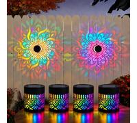Solar Fence Lights Metal Powered Mandala Wall Projector Lamp 7 Color Changing Waterproof Outdoor Light Decorative Auto On Off For Backyard Pathway Deck Step Ornament Yard Garden Exterior(4pcs)