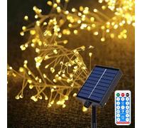 Solar Firecracker Lights Outdoor,KINGCOO Waterproof 19.6FT 200LED Silver Wire Cluster Fairy String Lights with Remote for Indoor Bedroom Curtain Window Wedding Christmas Party Decoration (Warm White)