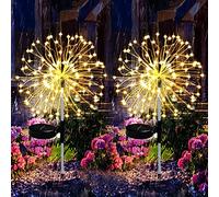 Solar Firework Lights Garden, 2 PCS 150 LED Decorative Starburst Lights Outdoor 8 Flashing Mode IP65 Waterproof, 50PCS Copper Wire Pathway Lighting for Patio Lawn Backyard Wedding (Warm White)