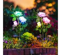 Solar Flower Lights Outdoor Garden - Patio Ornament Colour Changing White Rose LED Stake - Solar Powered Waterproof Rose Lights for Fence Balcony Yard Pathway Flower Bed Grave Decorations Outside