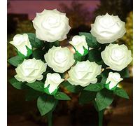 Solar Flower Lights Outdoor - Upgraded New Material Two Modes Realistic LED Solar Powered Waterproof Lights with 5 Roses, Solar Decorative Stake Lights for Garden (White, 2 Pack)