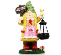 Solar Garden Gnome Outdoor Decor - Solar Garden Gnomes Outdoor Statues - Solar Gilrs Gnomes Decorations for Outside - Large Welcome Garden Gnomes Figurine - Unique Birthday Housewarming Gifts