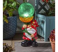 Solar Garden Gnome with Crackle Glass Globe, 41 cm, Gonk LED Colour Changing Light, Hand-Painted Polyresin
