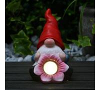 Solar Garden Gonk Gnome Ornament - Mini Waterproof Light Up Outdoor Statue with LED Flower - Novelty Scandi Tomte Figurine for Patio, Lawn & Yard - Unique Weatherproof Garden Gift (Red)