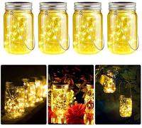 Solar Garden Hanging Lanterns 4 Pack,Solar Powered Mason Jar Lights 20 LEDs Waterproof,Fairy String Glass Lights Indoor Outdoor for Tabletop Patio Courtyard Wedding Party Christmas(Warm White)