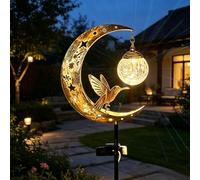 Solar Garden Lights, Half Moon Shaped Solar Hummingbird Lamp, Retro Metal Hollow Moon Lamp with Cracked Glass Ball, Warm LED Solar Lights Outdoor Garden Decorations, Gifts for Mom Grandma (1pcs)