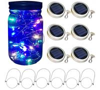 Solar Garden Lights, Mason Jar Lid Light, 6 Pack Hanging Lantern LEDs String Lights Waterproof Fairy Lights (No Jars Included) Dusk to Dawn Decorative Lights for Indoor/Outdoor Wedding (Colourful)