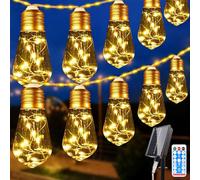 Solar Garden Lights Outdoor, 5M 149 LEDs Solar Powered Hemp Rope Waterproof with Remote, 10 pcs Shatterproof Bulbs, 8 Modes, Solar Globe String Lights Rechargeable for Yard,Home,Christmas Party Decor