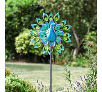 Peacock Metal Wind Spinner Colour Changing Solar LED Light Garden Decor Ornament