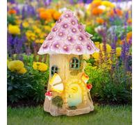 Solar Garden Ornaments Outdoor Solar Garden Lights Fairy Mushroom House Statues Waterproof Resin Purple Flower Tree House Lighting Figurines Decor for Patio Yard Lawn, Birthday Gift for Women(Pink)