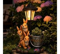 Solar Garden Statues Bunny Decor, 12.7" Upgraded Outdoor Rabbit Figurine with Welcome Planter & 3-Panel LED Lantern, Waterproof Resin Animal Yard Art Sculpture, Gardening Gifts for Women Mom Patio