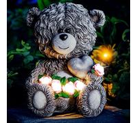 Solar Garden Statues Outdoor, Bear with Heart and Pink Flower and 5 LED Lights, Bear Statue for Patio, Balcony, Yard Decor, Unique Valentine's Day Gift and Gift