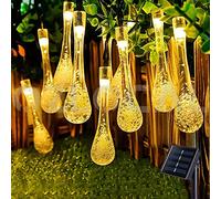 Solar Garden String Lights Outdoor, 20 LED Solar Crystal Raindrop Fairy Lights, 4.8M Waterproof Teardrop Lamp Decorative Lighting for Terrace Fence Backyard Christmas Party Balcony Patio, Warm White
