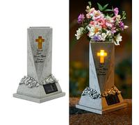 Solar Grave Vase with Base, 23 cm High Resin Cemetery Vase with Drain Hole and LED Light, Grave Lamp for Cemetery Grave Decoration, Weatherproof, Solar Vase, Outdoor Decoration for Garden, Grave