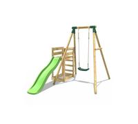 (Solar, Green) Rebo Wooden Swing Set plus Deck & Slide