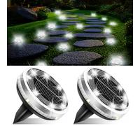 Solar Ground Lights Outdoor 2 Pack Waterproof, Upgraded Solar Garden Lights with 4 Side Light, Stainless Steel Solar Powered Disc Landscape Light for Walkway Pathway Lawn Yard Patio Deck-Cool White