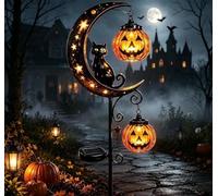 Solar Halloween Black Cat & Pumpkin Lights Moon Garden Stake Light, Metal Crescent Moon Ground Lamp, Weather-Resistant Metal. Solar Powered, no Wiring. for Pathway, Patio, Yard, Porch.