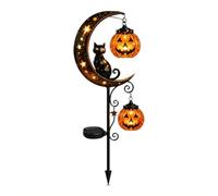 Solar Halloween Black Cat Pumpkin Moon Garden Stake Light,IP45 Waterproof Crackle Glass LED Pathway Lamp,Metal Crescent Yard Decor for Lawn Patio Outdoor Halloween Displays
