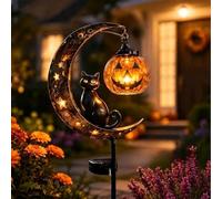 Solar Halloween Black-Cat & Pumpkin Moon Garden Stake Light, LED Yard Decor (Style A)