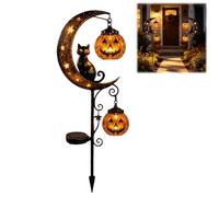 Solar Halloween Black Cat & Pumpkin Moon Garden Stake Light, Outdoor Waterproof Halloween Decoration LED Pathway Lamp with Crescent Moon, Hanging Pumpkin Lantern for Patio Yard Lawn Decor (A-1PC)