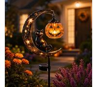 Solar Halloween Black Cat & Pumpkin Moon Garden Stake Light, Waterproof Solar Black Cat on Crescent Moon with Hanging Pumpkin Lantern, Outdoor Halloween Decor for Garden, Patio, Lawn, Pathway (#A)