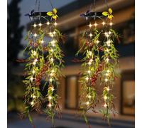 Solar Hanging Garden Lights, 2 Pack Artificial Plants Willow Leaf LED Fairy String Lights, IP65 Waterproof Ornaments Outdoor for Garden Patio Yard Porch Courtyard Wedding, Gifts for Women Mom Friends