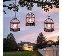 Solar-Hanging-Lanterns-Outdoor-Waterproof, Rust Birdcage Style Candle Holders with Flickering Solar Tea Lights for Backyard Patio Garden Fence Tree Decoration (3)