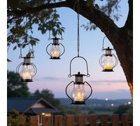 Solar Hanging Lanterns Outdoor Waterproof, Vintage Mini Metal Lantern with Flickering Solar Powered Tea Lights, Perfect Chargeable Solar Lights for Backyard Patio Garden Fence Tree Decoration-4Pack