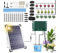 Solar Irrigation System, 10W Automatic Watering System, 5+50m Hose | Garden Irrigation Systems UK with 7 Timer & 50 Dripper for Plants Garden Balcony Greenhouse, Anti-Siphon/Auto Alarm Mode