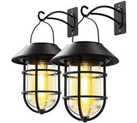 Solar Lantern Hanging Solar Lights Outdoor, Waterproof Metal Wall Lantern with Hooks, Outdoor Wall Lights for Porch, Patio Yard Garden Decor, No Wiring Required, 2 Pack