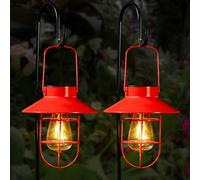 Solar Lantern with Shepherd Hook, Edison Bulb Garden Lights for Outside Decor, Water Resistant Pathway Lamp, Outdoor Home Decoration,Gift for Housewarming (Red, 2 Pack)