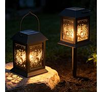 Solar Lanterns for Outside 2 Pack, IP65 Waterproof Hanging Solar Lights with Flickering Warm White, Black Wrought Decorative Metal Lantern for Garden Patio Yard, Gifts for Women Mom, Energy Class A