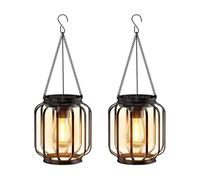 Solar Lanterns for Outside Garden, Outdoor Hanging & Table Lights, IP65 Waterproof Metal Cylindrical Lantern Light with Strong Hook, Auto On Off Hanging Solar Lamp for Garden Patio Courtyard, 2 Pack