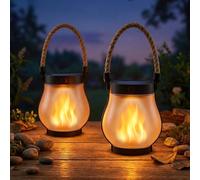 Solar Lanterns Outdoor 2 Pack, Outdoor Solar Garden Lanterns with Flickering Flame Effect, USB-C & Solar Charging, IP65 Waterproof, Auto Dusk-to-Dawn, Hemp Rope Hanging Lights for Patio Garden Porch