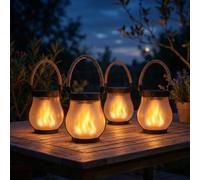 Solar Lanterns Outdoor 4 Pack, Outdoor Solar Garden Lanterns with Flickering Flame Effect, USB-C & Solar Charging, IP65 Waterproof, Auto Dusk-to-Dawn, Hemp Rope Hanging Lights for Patio Garden Porch
