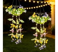 Solar Lanterns Waterproof, 2 Pack Butterfly Solar Lights Outdoor Garden, Hanging Solar Lights Outdoor Garden, Hanging Lights with Butterflies & Flowers, IP65 Waterproof Outdoor String Lights