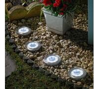 Solar LED Deck Lights 4pc Set Stake Lamps Round Small Outdoor Lighting Silver