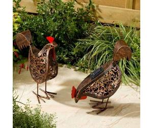 Solar LED Garden Ornaments 2pc Set Light Up Hen Chicken Outdoor Lighting Novelty