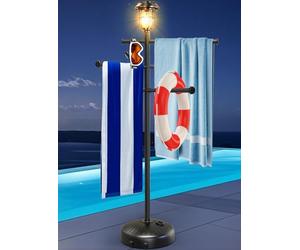 Solar Light Pool Towel Rack with Wheels - 63" Tall Adjustable Outdoor Towel Rack for Patio, Bathroom, Hot Tub