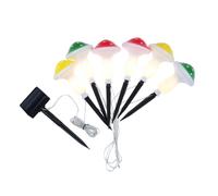 Solar light string: 6pcs mushrooms: 2pcs red mushrooms/2pcs green mushrooms/2pcs yellow mushrooms, spacing: 50CM, extension line: 2M, polycrystalline solar panel: 2V 200mA, battery: 1XAA 1.2V 400mAh N