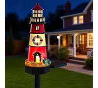 Solar Lighthouse Light - LED Resin Garden Decor for Lawns - Red | Features an automatic built-in light sensor with 8-10 hours of operation when fully charged.