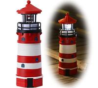 Solar Lighthouse Ornament - 30cm Tall Solar Lighthouse with Rotating Beacon, 360 Degree Rotating Lighthouse Decoration, Best Lighthouse Gifts for Children (Round Red)