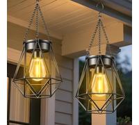 Solar Lights Outdoor Garden, 2 Pack Hanging Lanterns with Bulb Chain Hook, Metal Lantern Outdoor Garden Light Warm White, Waterproof IP65, Auto On Off Lantern for Patio Decorations Lawn Ornaments